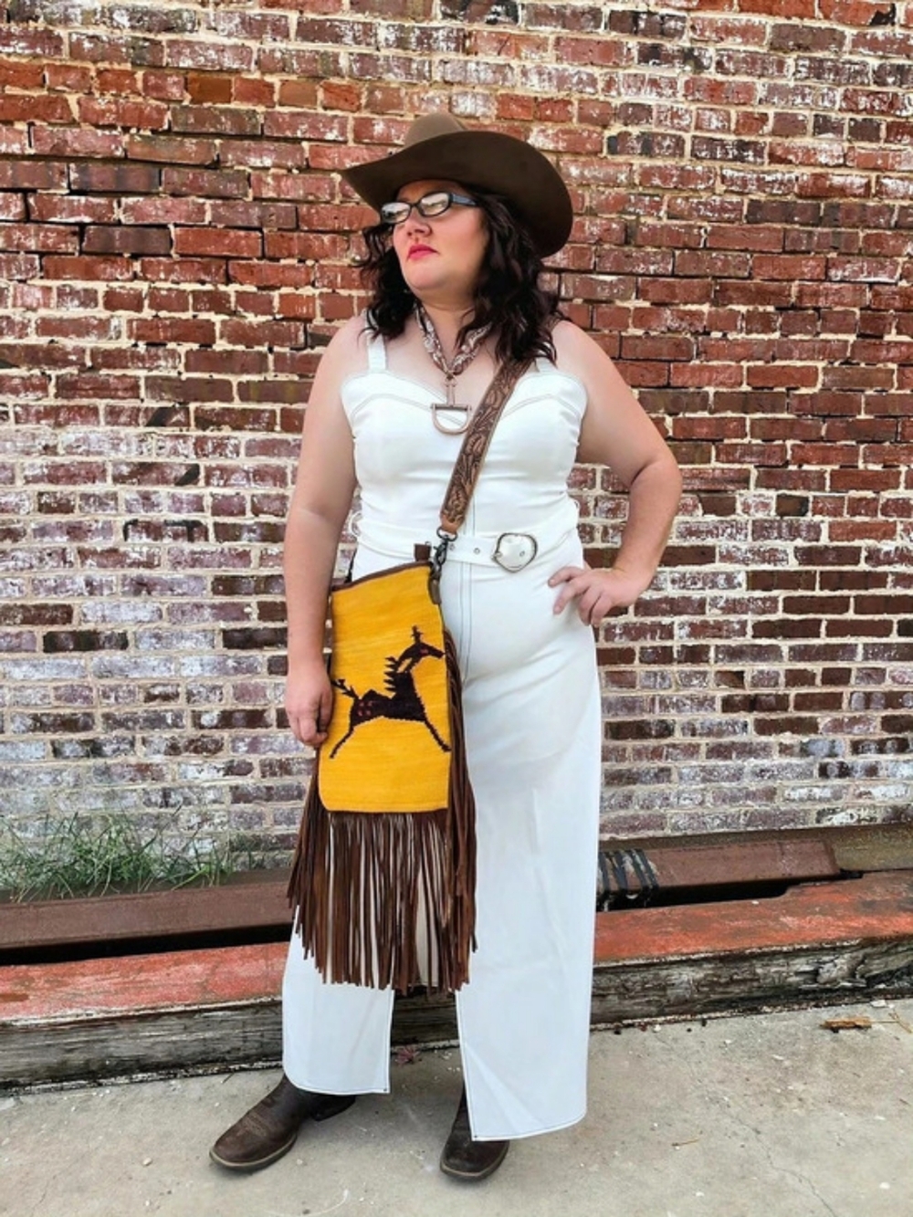 Western Fringe Crossbody Bag in Yellow & Brown Like New